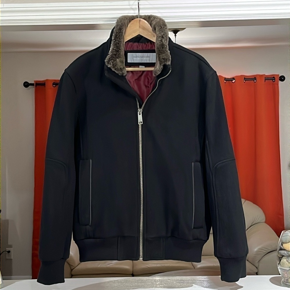 Marc New York Mens Wool Blend Removable Faux Fur Collar Size L Black